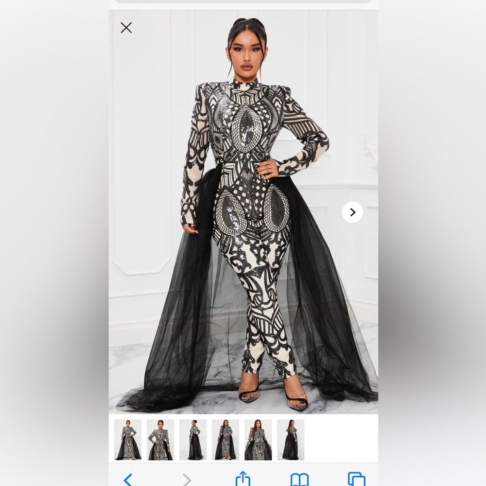 Elegant Black and White Patterned sequin jumpsuit w detachable tulle